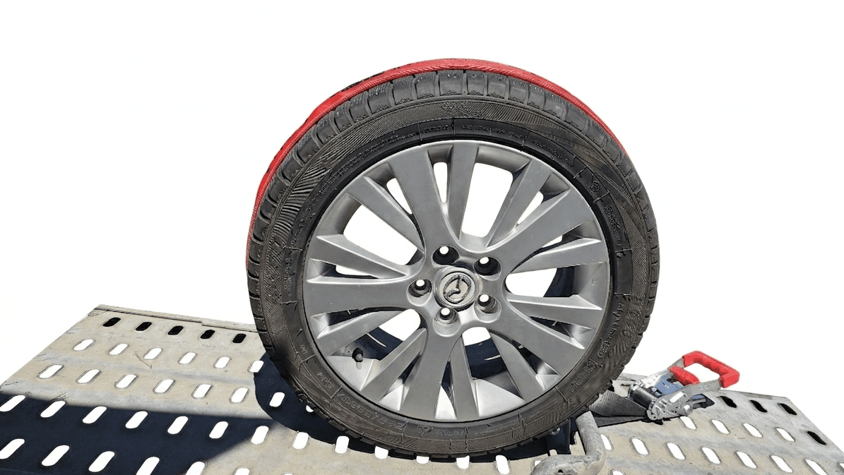 Red cargo strap securing a wheel on a car transporter
